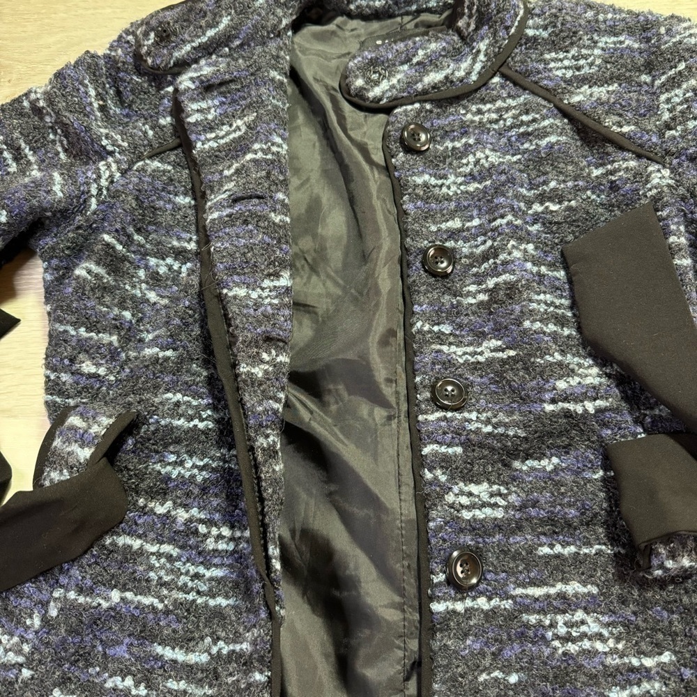 Sandro Tie Waist Blazer Jacket Tweed Textured Wool Blend Blue Black, Size Small - Picture 11 of 12